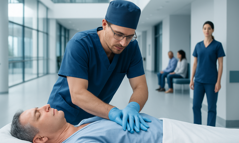 Surgeon performing CPR on a patient in a hospital setting.