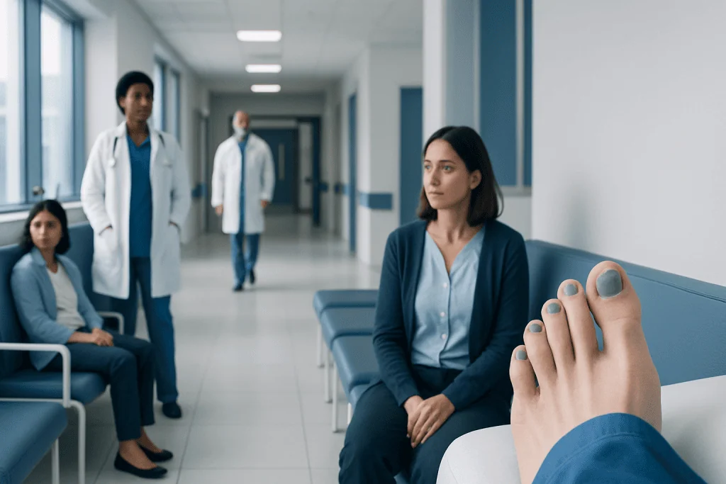 Toenails Blue: An Evidence-Based Guide for Patients 1 Patient with toenail issues in hospital corridor with medical staff nearby.