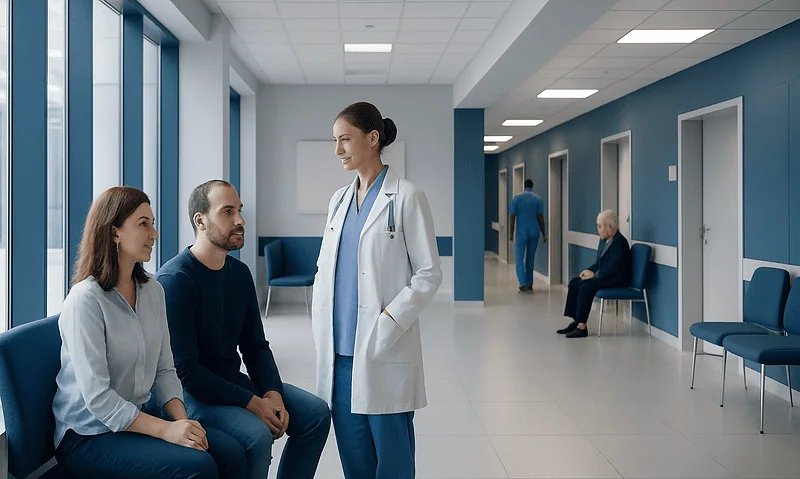 Patients consulting with a doctor in a modern hospital corridor.