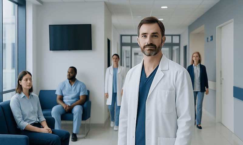 Medical team in hospital corridor with doctor in foreground and patients in background.