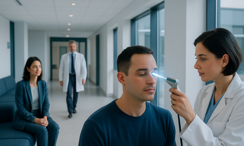 Laser Light in Eye: How It Works, Results and What to Expect 4 Ophthalmologist performs laser eye exam on patient in clinic corridor.