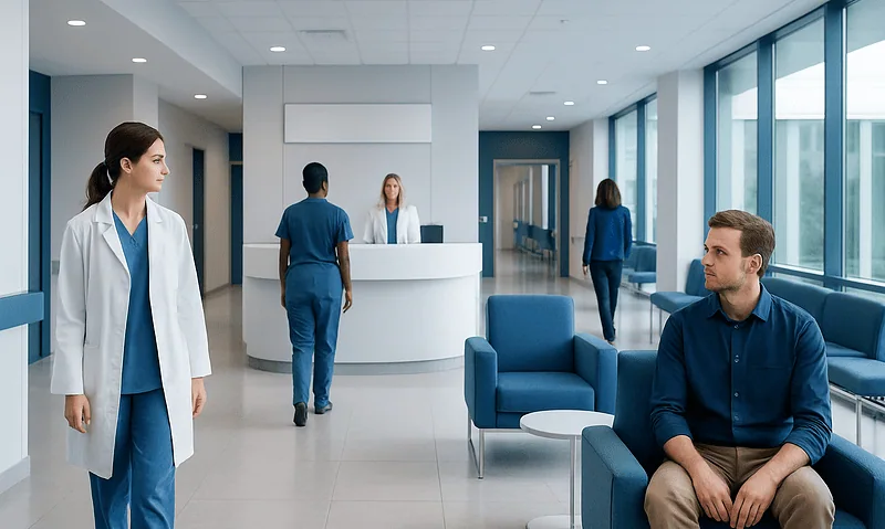 Modern hospital lobby with medical staff and patient seating area.