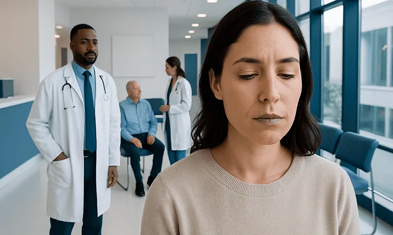 Woman with lip discoloration in a hospital waiting area.
