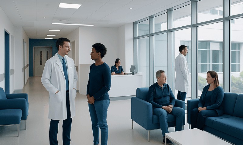 Medical consultation in a modern hospital waiting area with doctors and patients.