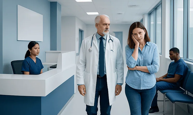 Patient experiencing discomfort in hospital waiting area with medical staff nearby.