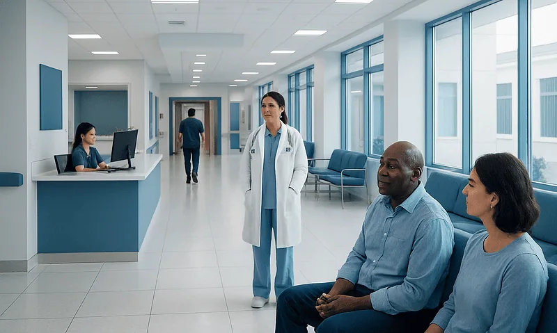 Hospital waiting area with patients and medical staff at Acibadem Hospitals Group.