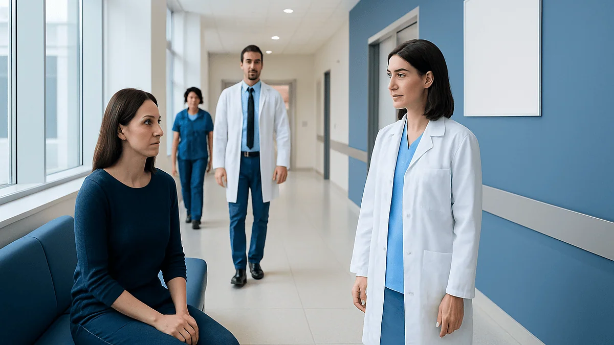 Doctor speaking with patient in hospital corridor.
