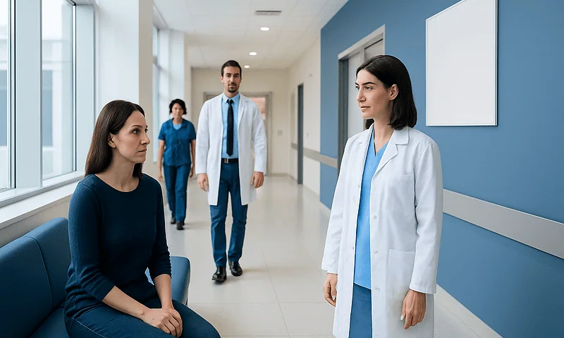 Doctor speaking with patient in hospital corridor.