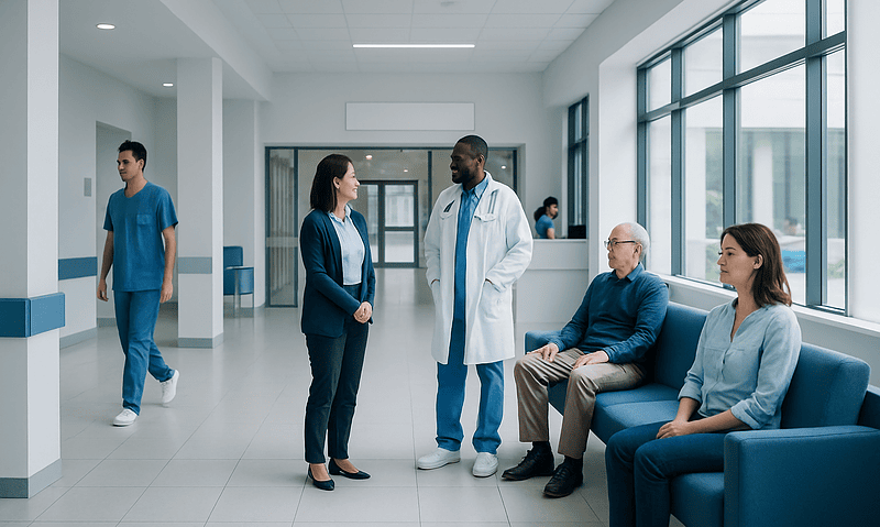 Hospital waiting area with medical staff and patients.