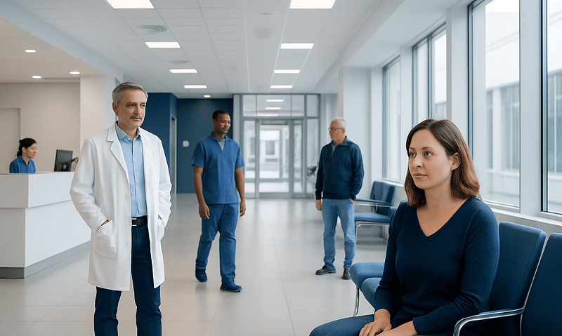 Medical consultation in a modern hospital corridor with doctors and patient.