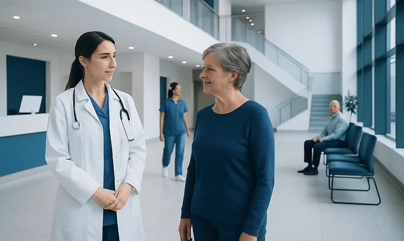 Doctor talking to a senior woman in a modern hospital lobby.