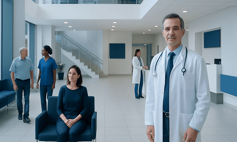 Healthcare professionals and patient in modern hospital lobby.