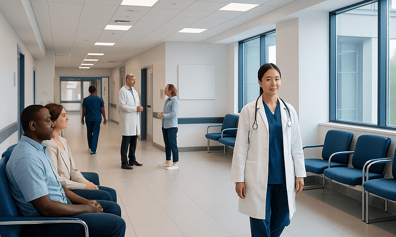 Healthcare professionals and patients in a modern hospital corridor.
