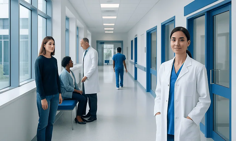 Healthcare professionals and patients in a modern hospital corridor.
