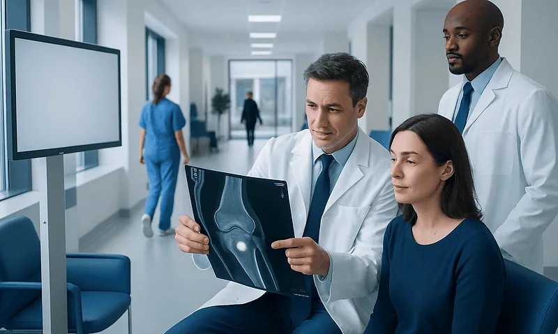 Doctors reviewing MRI scan in hospital corridor.
