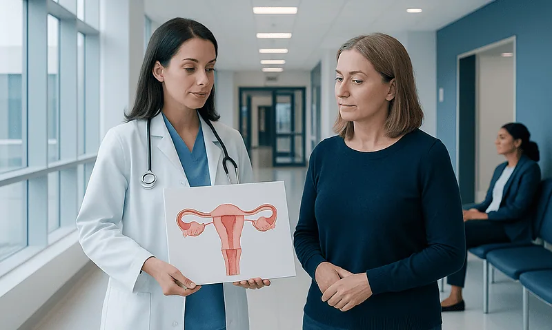 Gynecologist explaining ovary removal to patient in hospital corridor.