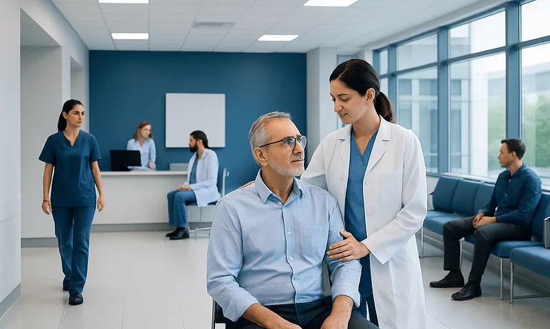 Doctor consulting with elderly patient in hospital waiting area.