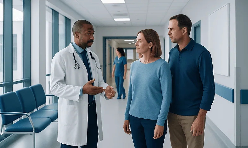Doctor consulting with a couple in a hospital corridor.