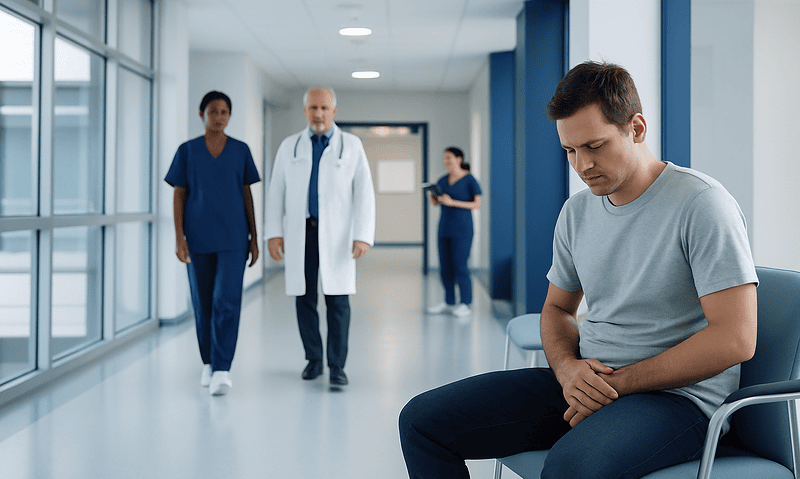 Patient experiencing discomfort in a hospital corridor with medical staff nearby.
