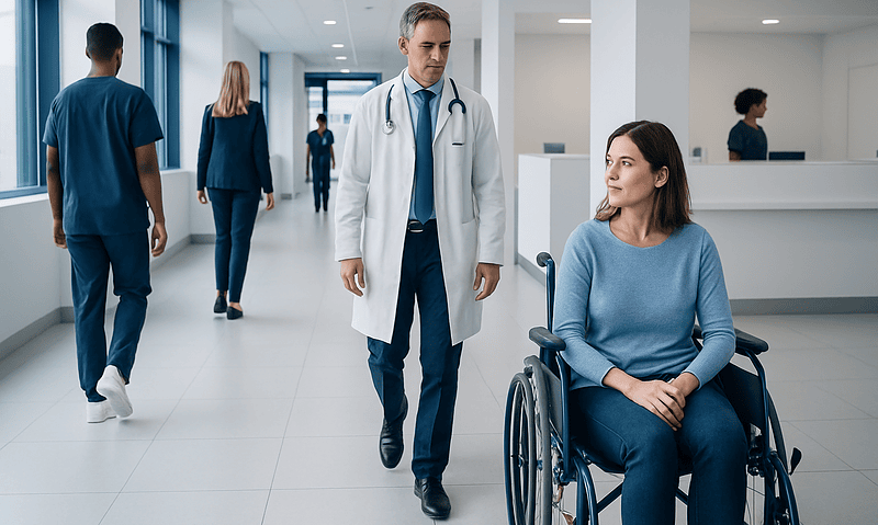 Doctor talking to a female patient in a wheelchair in hospital corridor.