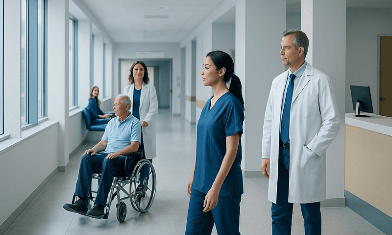 Medical team with patient in hospital corridor at Acibadem Hospitals Group.