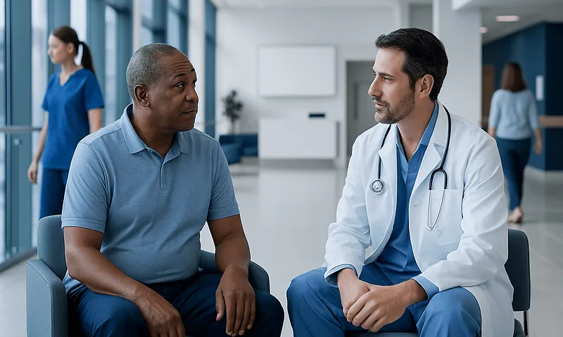 Prostate Cancer Recovery: A Week-by-Week Timeline 16 Doctor consulting with a patient in a modern hospital lobby.