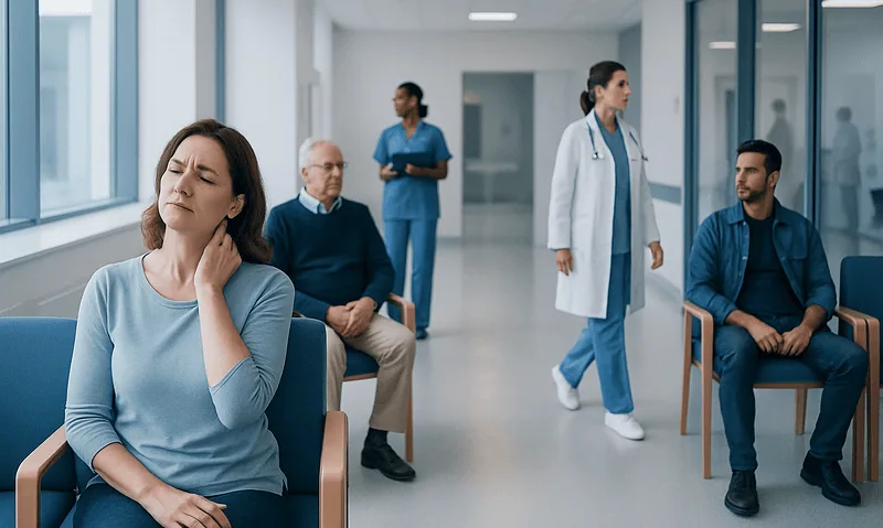 Patient experiencing neck discomfort in a hospital waiting area.