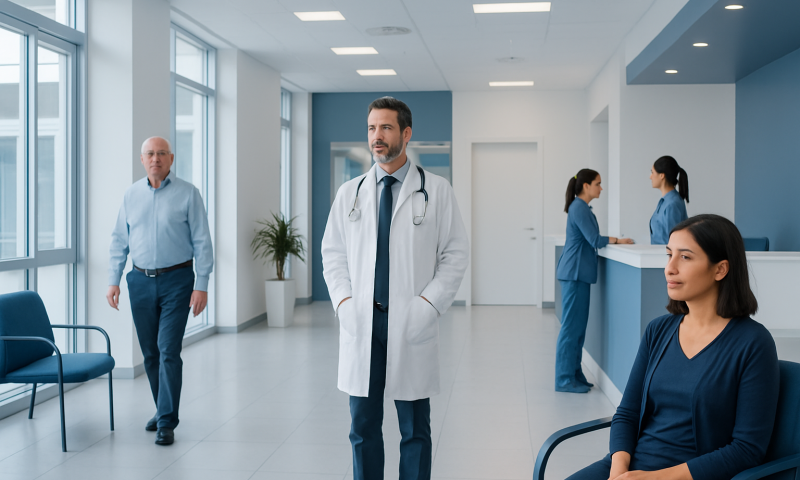 Medical team and patients in a modern hospital corridor.