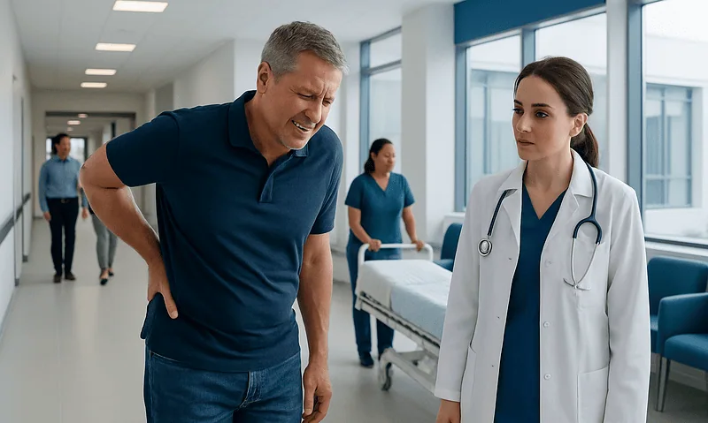 Patient experiencing lower back pain in hospital corridor with medical staff nearby.