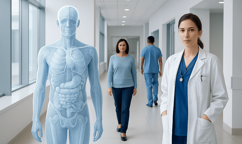 Medical professionals and a digital human anatomy model in hospital corridor.