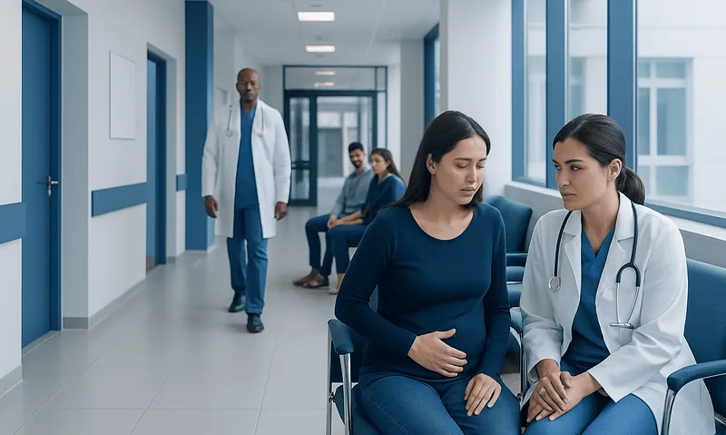Doctor consulting pregnant woman in hospital corridor for recurrent miscarriage treatment.