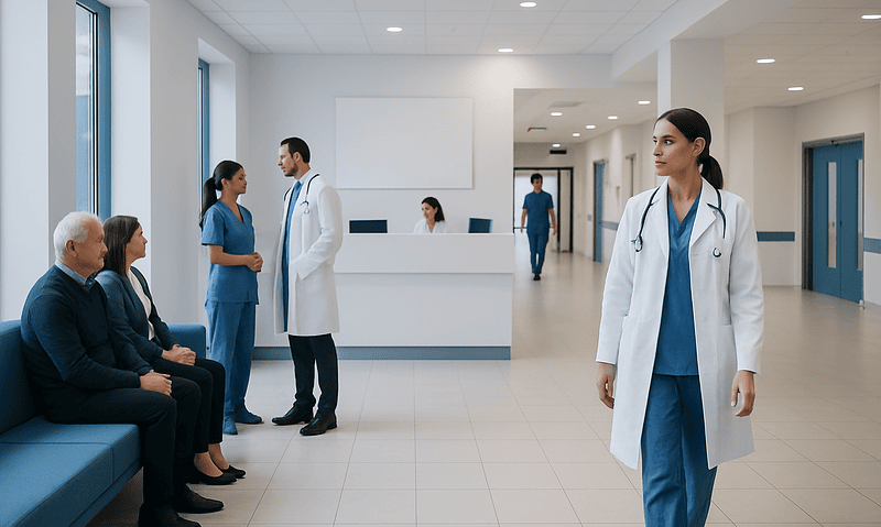 Healthcare professionals and patients in a modern hospital corridor.
