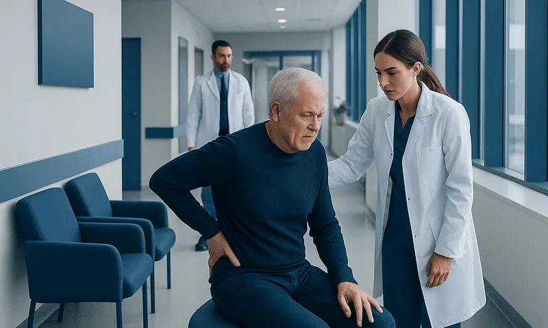 Doctor examining a senior male patient in a hospital corridor.