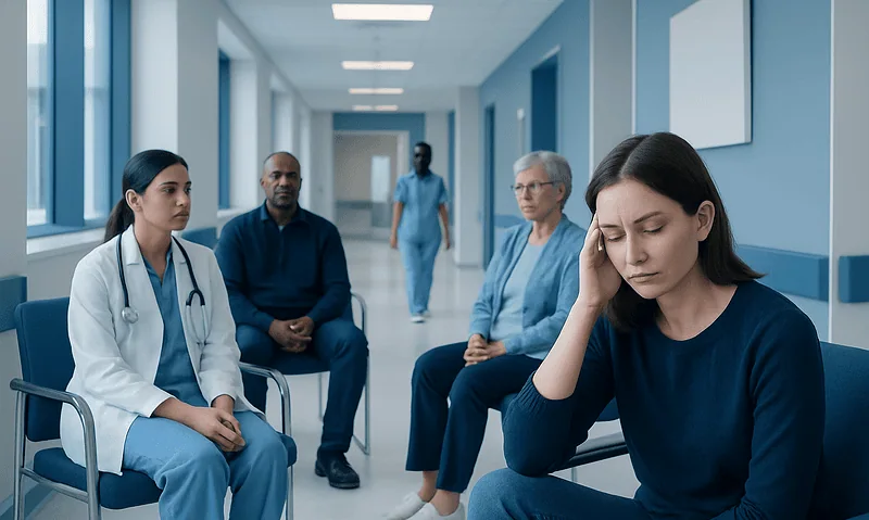 Patient experiencing headache in hospital waiting area with medical staff nearby.