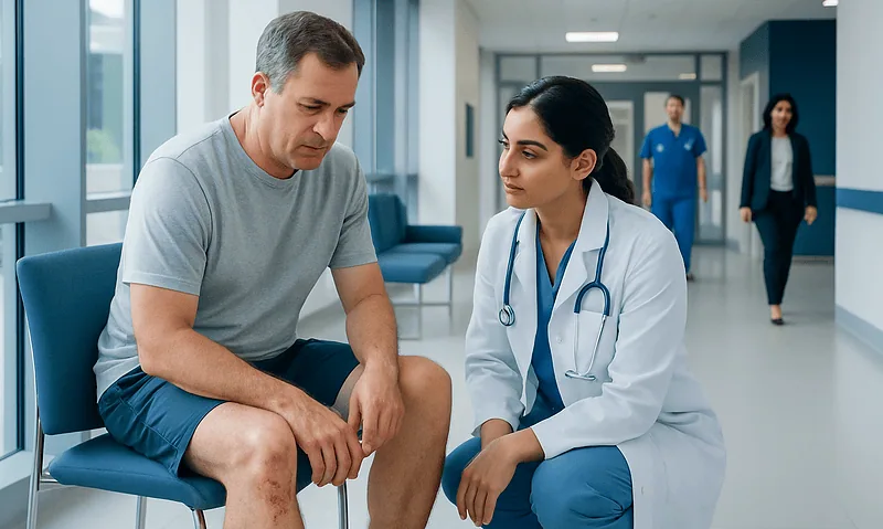 Doctor consulting with a male patient in a hospital corridor.