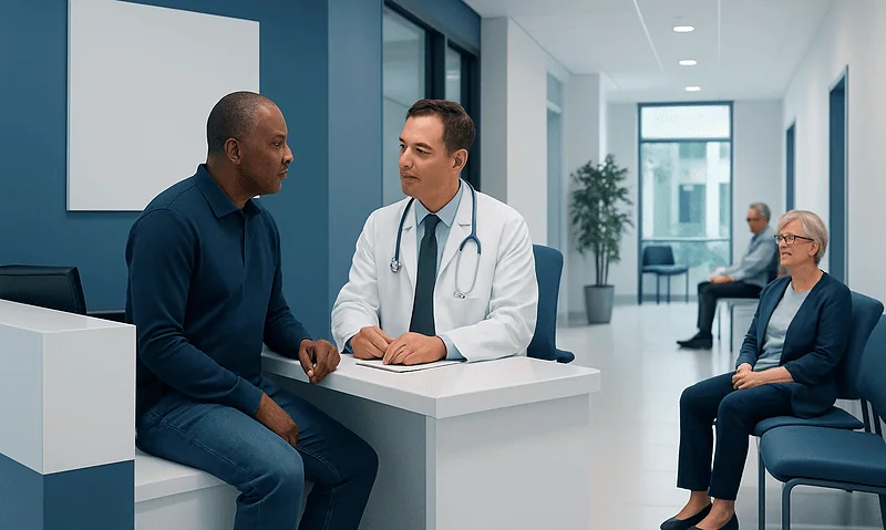 Doctor consulting patient in modern hospital reception area.