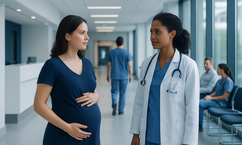 Pregnant woman consulting with a doctor in a hospital corridor.