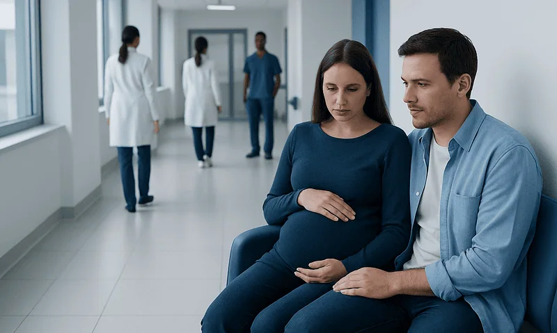 Pregnant woman and partner waiting in hospital corridor with medical staff in background.