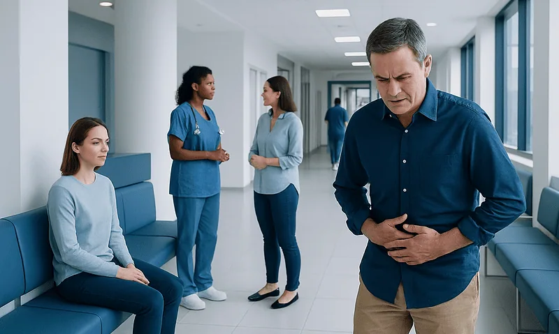 Man experiencing stomach pain in hospital corridor with medical staff nearby.