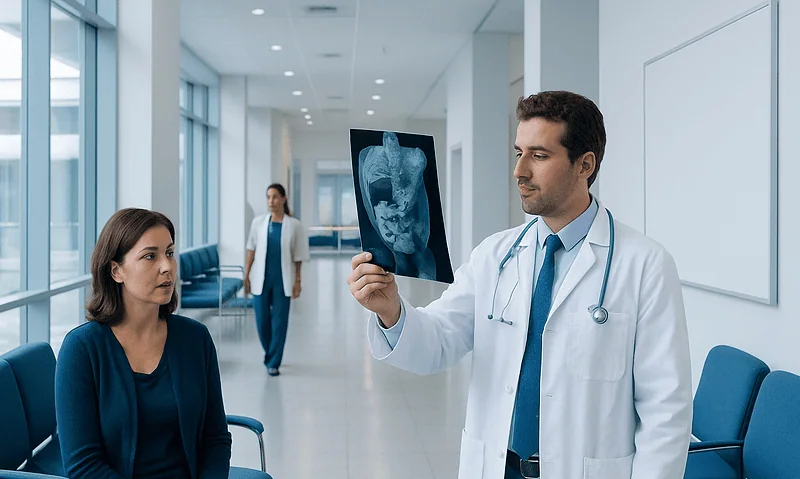 Doctor reviewing X-ray image with patient in hospital corridor.