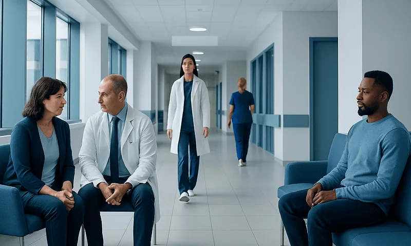 Patients waiting in a hospital corridor with medical staff nearby.