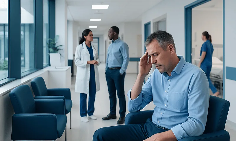Patient experiencing dizziness in a hospital corridor with medical staff nearby.
