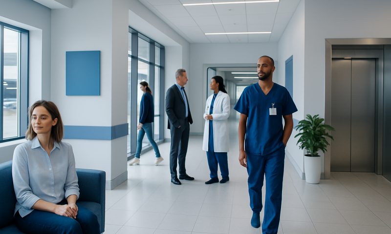 Hospital corridor with medical staff and patient in a modern healthcare facility.