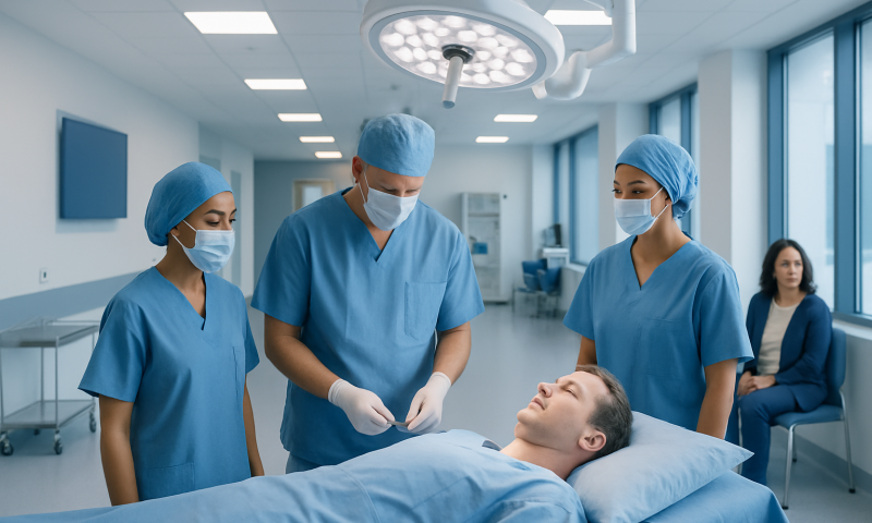 Surgery Without Anesthesia: Procedure, Recovery and Results 15 Medical team preparing for surgery in a modern hospital operating room.