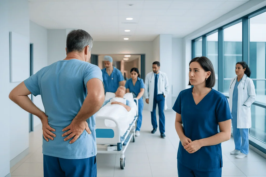 Surgical Back: Procedure, Recovery and Results 1 Medical team discussing patient care in hospital corridor.