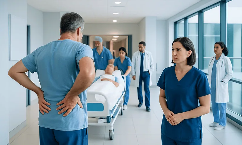 Medical team discussing patient care in hospital corridor.