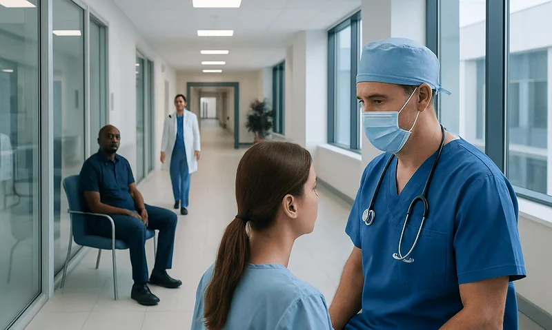Healthcare professionals discussing patient care in hospital corridor.