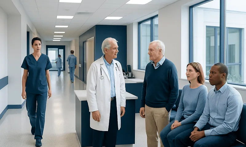 Doctors and patients in a hospital corridor discussing health care.