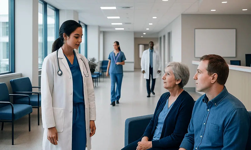 Healthcare professionals consulting with elderly patient in hospital corridor.