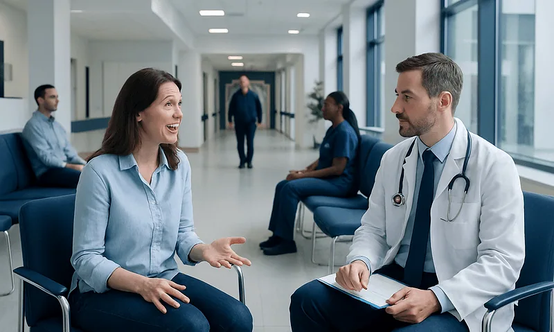 Patient consulting with doctor in hospital corridor for healthcare advice.